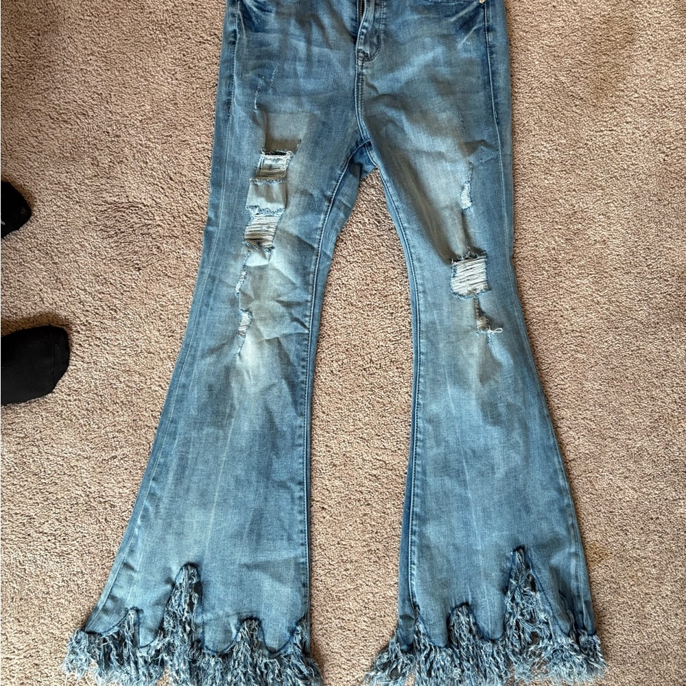 Grace Vintage Blue Flare Jeans with Fringe Hem